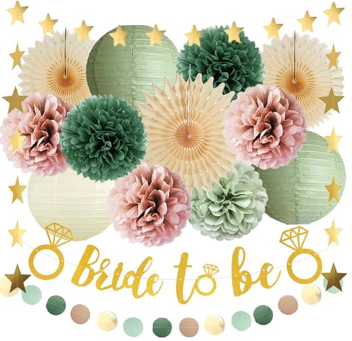 JGA Deko Frauen Grün Rosa Junggesellinnenabschied Frauen Bride to Be Deko Salbeigrün Rosa JGA Deko Grün Altrosa Pompons mit Bride to Be Banner Gold für Salbei Bridal Shower Bachelorette Brautparty