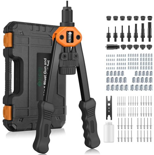 JiGiU 2 EN 1 Riveteuse Manuelle et Pistolet à Écrou Professionnel Pince à Insert Fileté avec 110 Écrous et 7 Mandrins M3-M12 Pince à Rivets 5 en 1 avec 50 Rivets dans un Étui de Transport - Orange