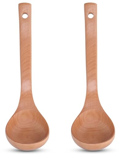 Suppenkelle aus Holz, 2 Stück, Schöpflöffel mit langem Griff, große Holzschaufel, Servierlöffel aus Holz, Kochkelle, Holzlöffel zum Kochen