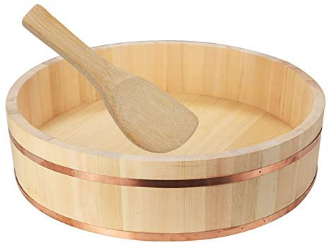 Recipiente de madera hecho a mano para mezclar arroz con banda de cobre, cuenco redondo grande para hacer y mezclar sushi, incluye cuchara de madera gratis de 50 cm