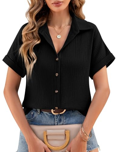 Lonya Musselin Bluse Damen Sommer Leinenbluse V-Ausschnitt Hemdbluse Elegante Oberteile Kurzarm 100% Baumwolle Button-Down Revers Kragen Blusen Tunika Shirt, Schwarz, M
