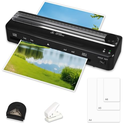 Laminiergerät A4 mit Anti-Stau Technologie, Laminiermaschine mit 15 Folien A4 A5 A6, Laminator mit Papierschneider Eckrunde Locher, Plastifiziermaschine für Fotos Dokumente in Heimgebrauch Büro Schule