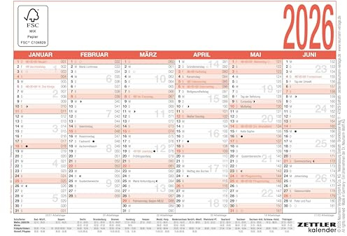Zettler Arbeitstagekalender A6 2026 – Bürokalender kompakt 15 × 11 cm, 6 Monate pro Seite, Arbeitstage-, Tages- & Wochenzähler, Ferienübersicht, Feiertage, Mondphasen, FSC, Kartoneinband