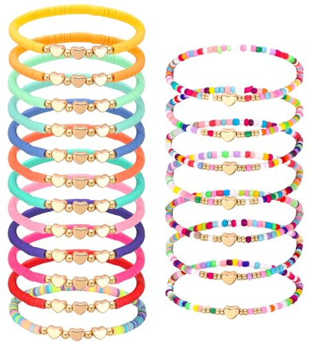 ViEinkaufen 19Pcs Friendship Bracelets, Adjustable Elastic Clay Heart Beaded BFF Bracelets Colorful Girls Bracelet Party Bag Fillers, Gifts for Girls Teens Women