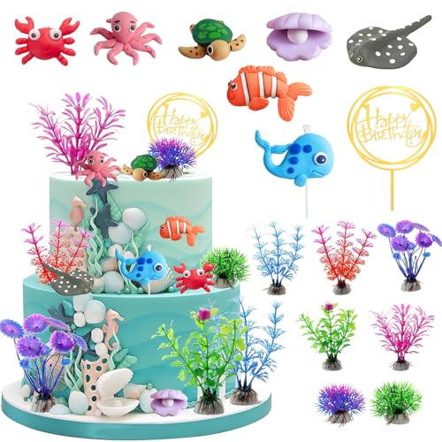 Decoración Pastel Mar, 15pcs Decoración Pastel Animales Marinos, Topper Tarta Mar, Topper Animales Marinos Tarta, Ideales para Decorar Bautizos y Fiestas de Cumpleaños con Temática Marino