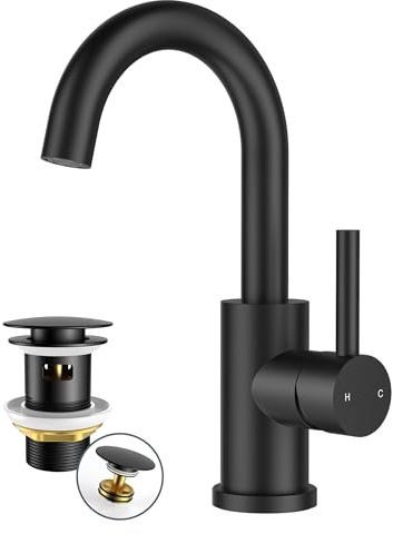 FORIOUS Wasserhahn Bad Hoch 360°Drehbar,Waschtischarmatur Schwarz | mit Ablaufgarnitur,Warm/Kaltwasser Mischbatterie,Auslaufhöhe 175 mm,Einfache Montage für Waschbecken im Bad