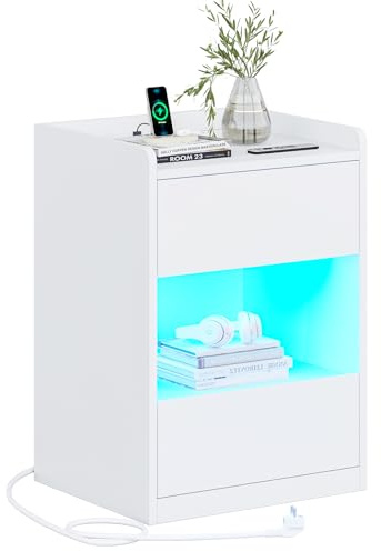 AOGLLATI Nachttisch mit LED-Beleuchtung und Ladestation | Nachtschrank mit 2 Schubladen &1 Fach Beistelltisch mit Steckdosen Sofatisch für Schlafzimmer Wohnzimmer(1, Weiß)