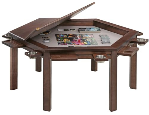 Coperat Solid Wood Board Game Table for 4-6 Players,Hexagonal Dining/Gaming Table w/Removable Top,Includes Game Mat, 6*Cup Holders & Hobby Tray (Warm Walnut)