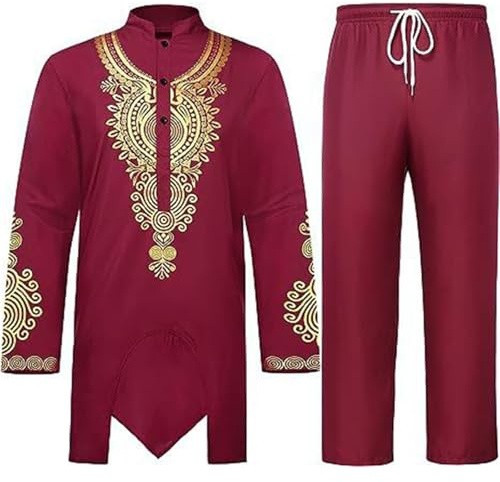 Générique Tenue 2 pièces pour Homme, Tunique Traditionnelle à Motif doré et Pantalon, Costume Ethnique
