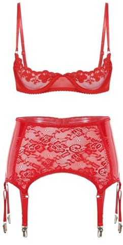 renvena Dam bygel-BH öppet bröst push up strumpehållare höfthållare med clips transparent underkläder nattkläder underkläder set, röd, M