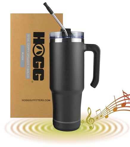 Hogg Bluetooth Tumbler 30 oz Grippy - Black, Bluetooth Speaker Cup, 30 oz Stainless Steel Tumbler with Handle, Black Cup with Speaker, Insulated Water Bottle, Gifts for Music Lovers, Unique Gifts