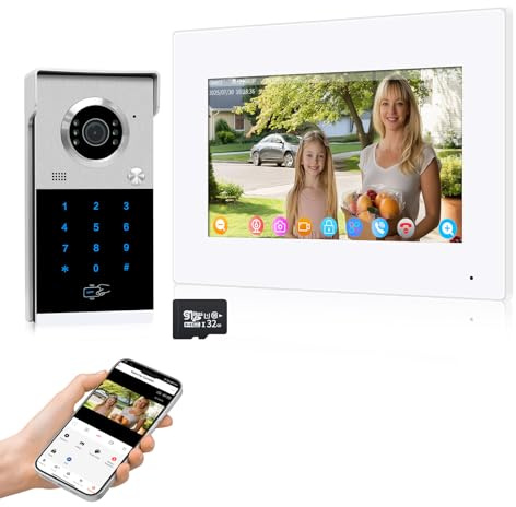QttyElok Sistema de Videoportero WiFi para el Hogar, Timbre con Video HD 1080P con Monitor Pantalla Táctil de 7 Pulgadas, Visión Nocturna, Tarjeta RFID/Contraseña/App Desbloqueo
