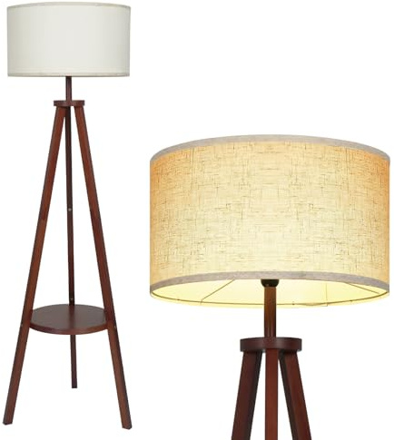 PULUOMIS Floor Lamp, Tripod Standing Lamps for Living Room, Tall Standard Lamp with Shelf E27 Base, Modern Reading Lamp for Bedroom Home Office, Dark Brown