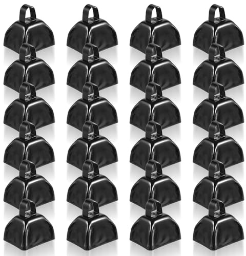 24 Pcs Metal Cowbell with Handle Cow Bells Noise Makers for Sporting Events Small Loud Noisemaker Cow Bell for Wedding Cheering Football Games, 3 x 2.8 x 2.5 Inch(Black)