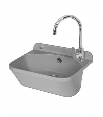 Set Pilozzo Sospeso 46x36 Cm Grigio Pietra - Vasca Lavatoio Resistente Agli Acidi In Resina Con Strofinatoio - INCLUDE Miscelatore Canna Alta Cromo In Acciaio INOX E Kit Scarico