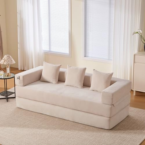 Ligterra Modulares Sofa, Sofa mit Schlaffunktion, Schlafsofa, Chenille-Block, Frei Kombinierbar mit Stauraum & Rutschfester Unterseite, für Wohnzimmer, Studienzimmer, 198×159×41cm (Beige)