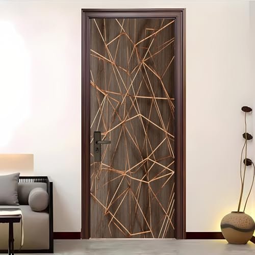 Adesivo Per Porte 3D Per Porte Interne, Venature Del Legno Astratte Geometriche Impermeabile e Autoadesivo Marrone in PVC Decorazione da Parete – per Camera da Letto, Soggiorno 90x210 cm