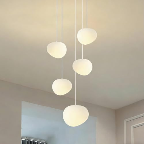Sedtonmu Moderne Treppenhaus Hängelampe Höhenverstellbar Weißes Pebble Treppen Pendelleuchte Minimalistische Hangeleuchte für Villa Wohnzimmer Duplex Gebäude,5