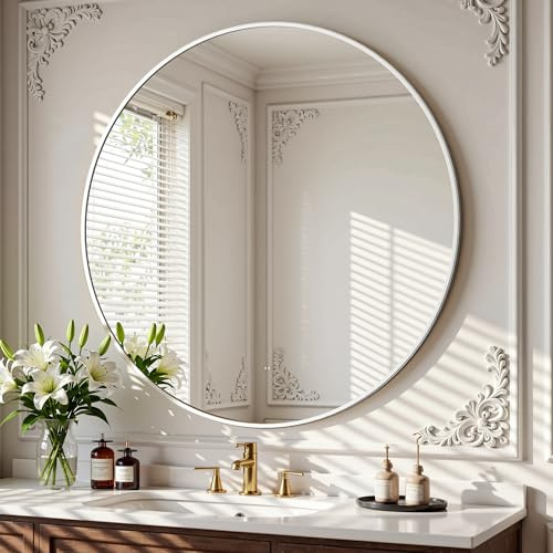 BEAUTYPEAK Specchio rotondo da 90 cm, specchio da parete infrangibile con cornice in alluminio, specchio da bagno da appendere e appoggiare, rotondo da parete per camera da letto, bagno, soggiorno