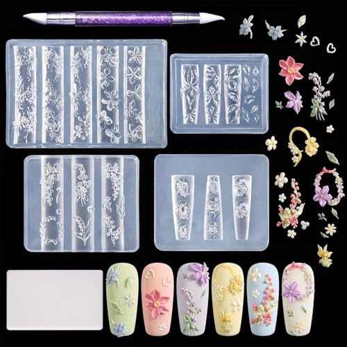 Zosutetoxo Nails Mold, ensemble de 4 tampons à ongles pour nail art avec moule en silicone pour ongles 3D, fleurs, pochoirs de stamping pour ongles