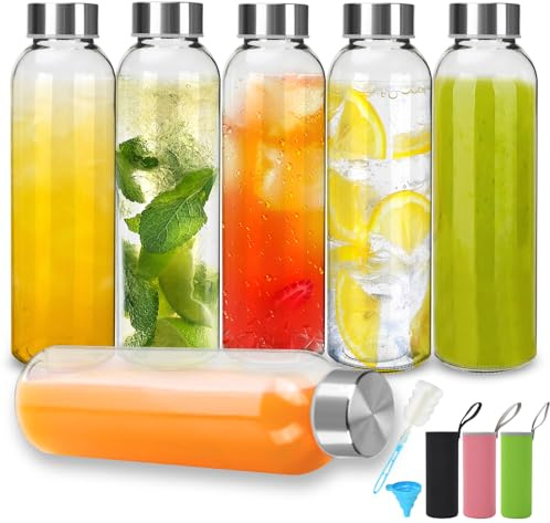 TEGOVE Botellas De Vidrio Con Tapas, Reutilizable, Paquete De 6 Botellas De Agua De Vidrio Vacías De 500 Ml, A Prueba De Fugas, De Acero Inoxidable, Agua, Batidos, Botellas De Jugo Con Tapas Y