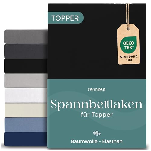 Twinzen - Topper Spannbettlaken - 180x200 - Baumwolle Elasthan | Schwarz · Spannbetttücher Für Topper · Steghöhe 15cm · Oeko-Tex zertifiziert · Elastikband