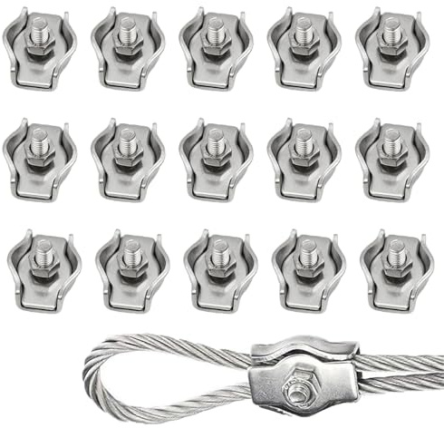 XENQITO 15 Piezas Clip para Cable de Acero, M2 Abrazadera de Cable Simple para 1-1,8mm Cuerda de Alambre,Abrazadera para Cable de Acero Inoxidable para La Fijación de Cables de Acero y Cables