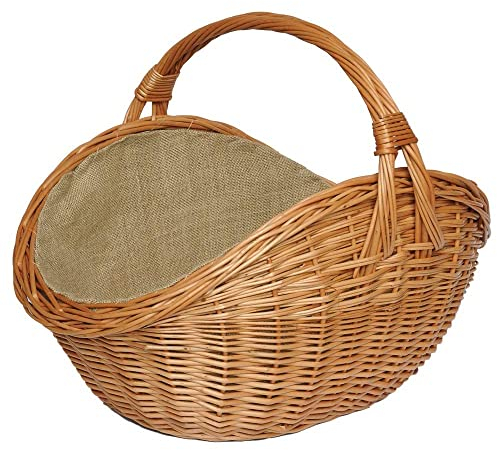 Rustikaler Kaminholzkorb Handgefertigte Weide Oval Naturbraun (L) 58 x (B) 45 x (H) 32/45 cm mit Juteeinsatz