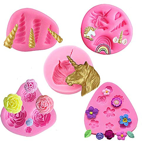 Unicorn Cupcake Topper Decoration Molds Set - MoldFun Unicorn Head, Horn, Ears and Rainbow Silicone Mould for Fondant Gum Paste Polymer Clay, Birthday Cake Decorating Tools
