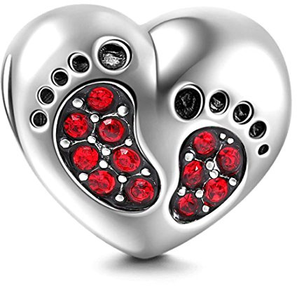 Breloque en argent sterling 925 en forme de cœur en forme de pied de bébé avec pierre de naissance pour bracelet Pandora (rouge)