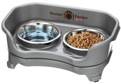 Neater Feeder Express Mess Proof Cat Bowls Elevated, No Spill Feeding Station, Stainless Steel Dishes for Food and Water, Raised Bowls for Indoor Cats, No Fatigue Whisker Friendly Dish, Gunmetal Grey
