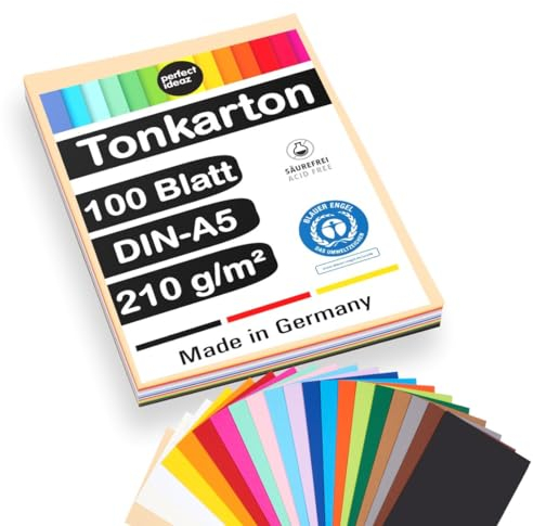 perfect ideaz 75 Blatt Tonkarton DIN-A5, 15 Farben, 180 g/m², made in Germany, Blauer Engel zertifiziert