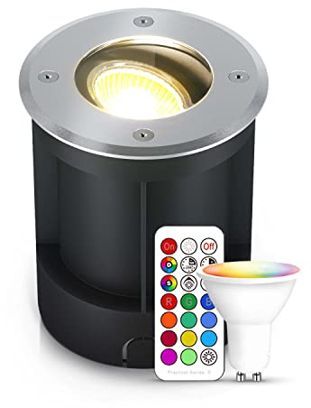 lambado® LED Bodenstrahler für Aussen mit RGB Farbwechsel dimmbar inkl. Fernbedienung - Runde Bodenleuchte/Bodeneinbaustrahler IP67 aus Edelstahl - Befahrbar & Wasserdicht