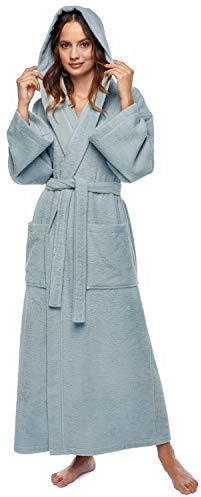 Arus Women's Classic Long Hooded Full Length Bathrobe Turkish Cotton Ankle Length Robe Seafoam XS