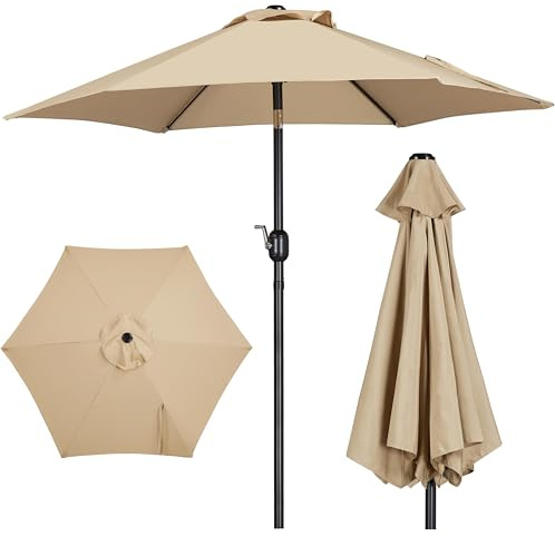 Yaheetech Garden Parasol Umbrella 2.3M Patio Table Umbrella Outdoor Sun Shade for Patio Garden with Crank Handle & 6 Metal Ribs for Backyard/Deck - Tan