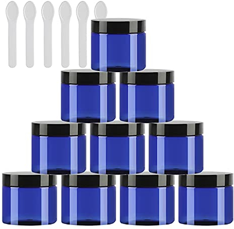 TIANZD 12 Pieces Empty 50ml Blue Plastic Cosmetic Jars with Black Screw Lid 50g Small Pot for Cosmetic Travel Homemade Cream Gel Lip Balm Salve Storage Containers+ 6x Spatula