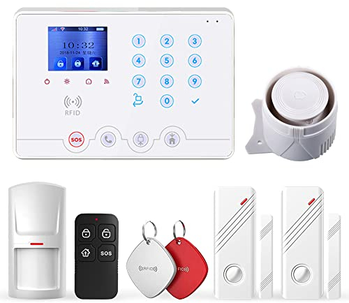 Wolf-Guard Wireless 4G WiFi Alarm System, Tuya Smartlife APP Haussicherheitssystem Support Auto Dial mit haustierfreundlichem PIR-Detektor, Kleine Türfenstersensor, Keyfobs Remote, RFID (W4Q-KIT1)