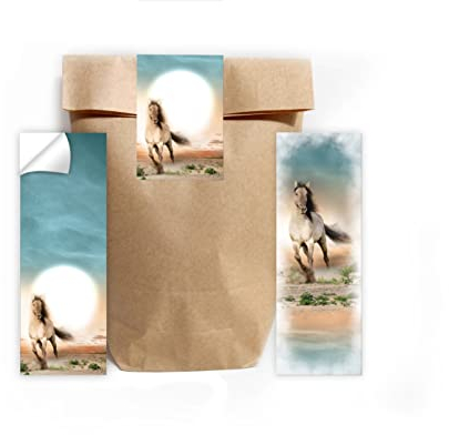 Junapack 12 Lesezeichen + 12 Geschenktüten (Natur) + 12 Aufkleber Pferd Mitgebsel Gastgeschenk beim Kindergeburtstag Mädchen