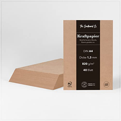 TheCardboardCo Kraftpapier, 1,3 mm (820 g/m²), DIN A4 (210 x 297 mm), 40 Blatt, Kraftkarton für kreatives Basteln, Karten