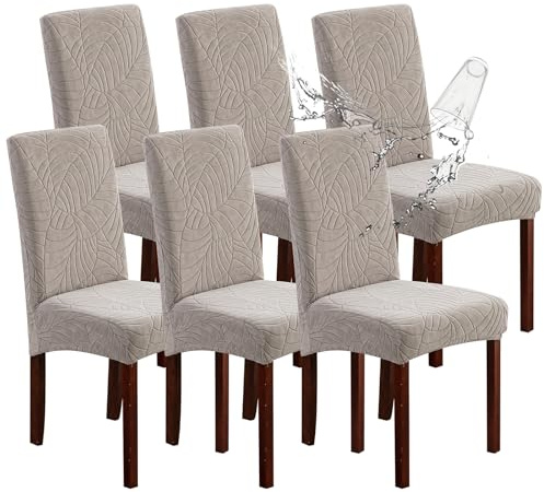 Genina Waterproof Chair Covers for Dining Room 6 Pack, Stretch Jacquard Dining Chair Cover Removable Washable Chair Protectors Cover for Kitchen, Home (Leaves-Warm Gray, 6 PCS)