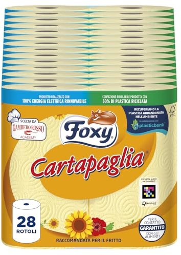 Foxy Cartapaglia | Asciugatutto 2 rotoli | 2 veli elevato spessore Vortici Super-Assorbenti | FSC |100% Energia elettrica rinoabile | Confezione 100% riciclabile prodotta con plastica riciclata