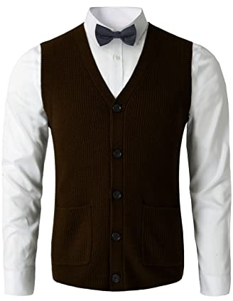 Maglione uomo V-Neck senza maniche cardigan a maglia DXL grande e alto gilet_Chocolate_Small