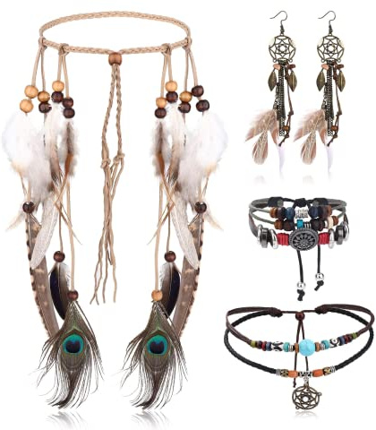 LOLIAS 4 Teiliges Indianer Kopf Schmuck Set Lederhalskette Und Feder Ohrringe Für Damen Handgefertigtes Armband Vintage Boho Hippie Tribal Mottoparty Karneval Schmuck