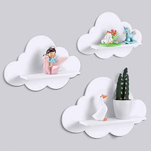 Tatuo 3-teiliges gewelltes Schweberegal – niedliche Wolke Gänseblümchen Pflanze Wandregal Kawaii dänische Raumdekoration Funky Squiggle Preppy Bücherregal (Weiß, Wolke)