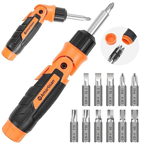 Amartisan 12-in-1 Multi Bit Screwdriver, Ratchet Screwdriver, 60-Degree Adjust Precision Screw Driver, Slotted/Philips/Torx/Square/Hex