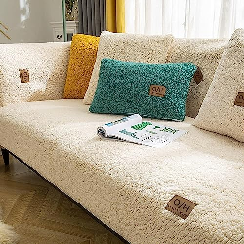 LINGKY Samt Sofabezug 1 2 3 4 Sitzer, L Form Sofaüberwurfe, Ecksofa Sofa überzug Pets Dog Couch überzug Anti-rutsch Sofaschutz, Ultra Weicher Sofaschoner (Beige,90x180cm/Rechteckig)