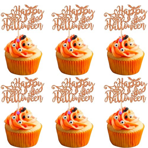 24 Pack Happy Halloween Cupcake Toppers Glitter Bat Spider and Spider Web Cupcake Picks for Baby Shower Kids Birthday Party Happy Halloween Theme Party Cupcake Decoration Supplies Orange