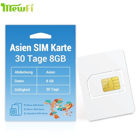Asien SIM-Karte 30 Tage 8GB– Prepaid Daten-SIM für Reisen in Japan, Korea, China & mehr – 4G Netz, Keine Anrufe/SMS – Google, Instagram & Whatsapp nutzbar – 24/7 Whatsapp Support