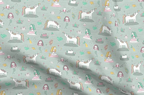 Spoonflower Fabric - Unicorns Mermaids Pond Unicorn Mermaid Cats Owl Fairy Printed on Polartec(R) Fleece Fabric Fat Quarter - Sewing Blankets Loungewear and No-Sew Projects