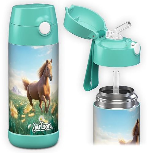 Jarlson® Trinkflasche Kinder Edelstahl Charli [MIT STROHHALM] - Thermosflasche Auslaufsicher - Thermoskanne - Water Bottle Kids - Thermo Trink Flasche für Schule & Kindergarten (350ml, Pferd 2.0)